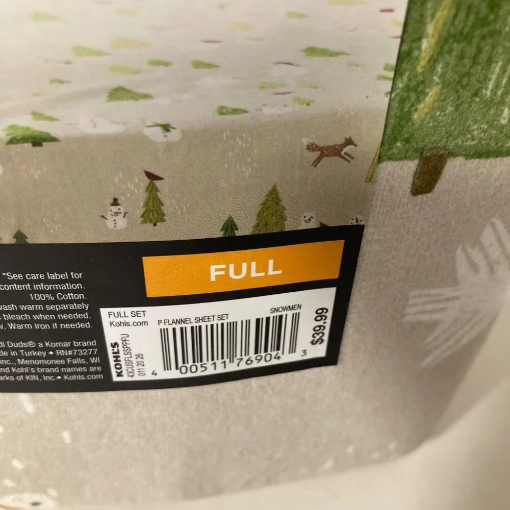 Cuddl Duds Brushed Cotton Full‎ Sheet Set In Bag Snowmen NIP